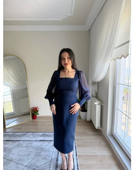 Şifon Kollu Krep Kalem Elbise Lacivert
