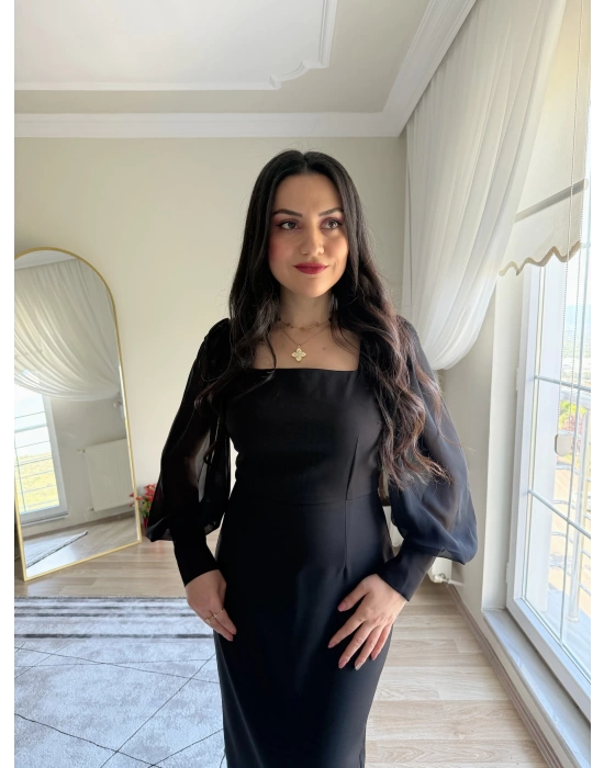 Şifon Kollu Krep Kalem Elbise Siyah