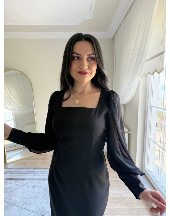 Şifon Kollu Krep Kalem Elbise Siyah