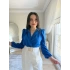 Kruvaze Yaka Vatkalı Çıtçıtlı Bodysuit Bluz Saks