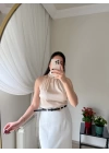 Boğazlı Kolsuz Bluz Bej