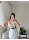 Boğazlı Kolsuz Bluz Bej