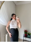 Boğazlı Kolsuz Bluz Ekru