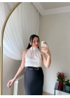 Boğazlı Kolsuz Bluz Ekru