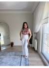 Boğazlı Kolsuz Emprime Bluz Kahve