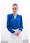 Kruvaze Yaka Vatkalı Çıtçıtlı Bodysuit Bluz Saks