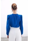 Kruvaze Yaka Vatkalı Çıtçıtlı Bodysuit Bluz Saks