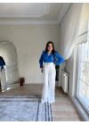 Kruvaze Yaka Vatkalı Çıtçıtlı Bodysuit Bluz Saks
