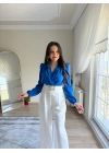 Kruvaze Yaka Vatkalı Çıtçıtlı Bodysuit Bluz Saks