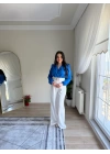 Kruvaze Yaka Vatkalı Çıtçıtlı Bodysuit Bluz Saks