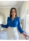 Kruvaze Yaka Vatkalı Çıtçıtlı Bodysuit Bluz Saks