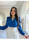 Kruvaze Yaka Vatkalı Çıtçıtlı Bodysuit Bluz Saks