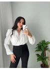 Parlak Çizgili Bodysuit Bluz Beyaz