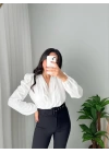 Parlak Çizgili Bodysuit Bluz Beyaz
