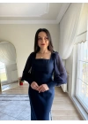Şifon Kollu Krep Kalem Elbise Lacivert