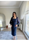 Şifon Kollu Krep Kalem Elbise Lacivert