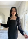 Şifon Kollu Krep Kalem Elbise Siyah