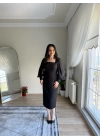Şifon Kollu Krep Kalem Elbise Siyah