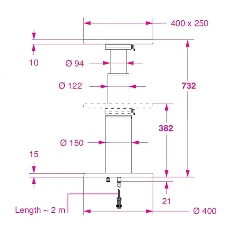 Barka Elektrikli, Döner Tablalı  Masa Ayağı. 24V. 2 Kademe - 732mm