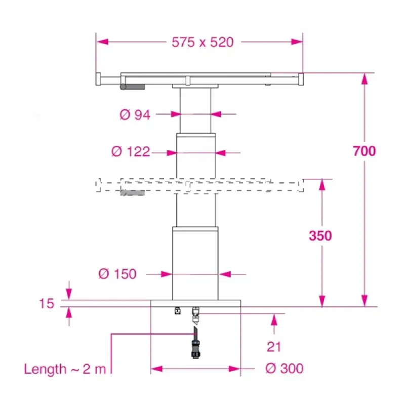 Barka Elektrikli, Kayar Plakalı Masa Ayağı 24V. 2 Kademe - 700mm