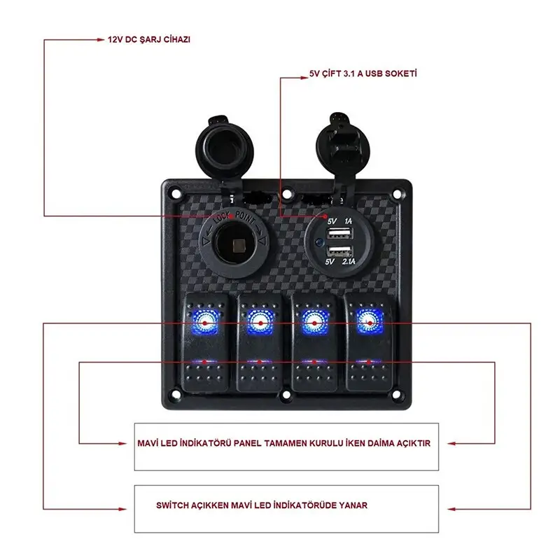 BFY Sigortalı Switch Panel USB + 12V Çakmaklık, 4 Anahtarlı