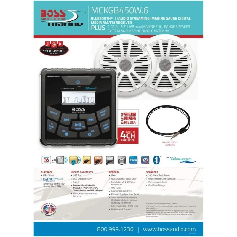 Boss Audio MCKGB450W.6 Systems Usb Aux Girişli Bluetoothlu Hoparlörlü Marin Teyp Seti