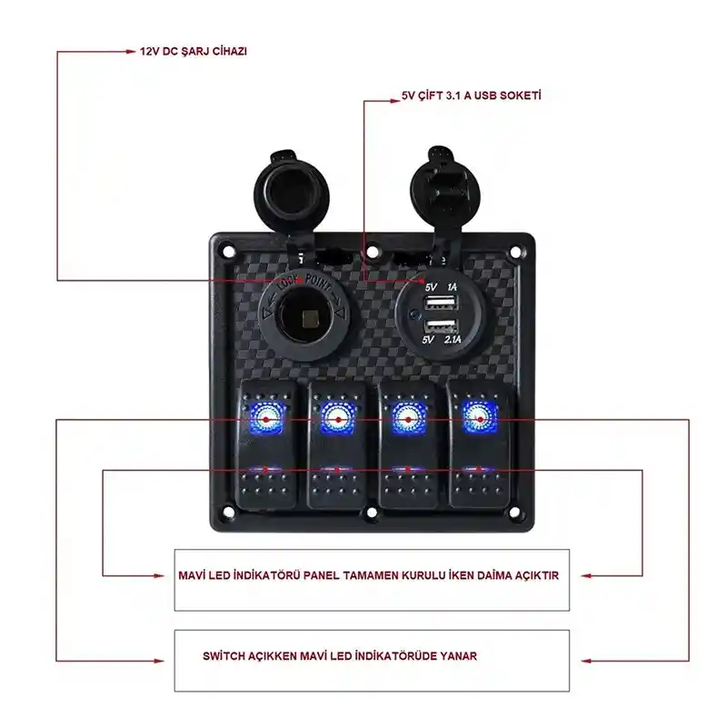 BFY Sigortalı Switch Panel USB + 12V Çakmaklık, 4 Anahtarlı