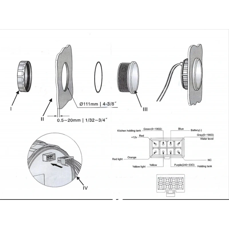 KUS Temiz Su + Pis Su + Gri Su + 12V Voltmetre 4lü Gösterge 111mm
