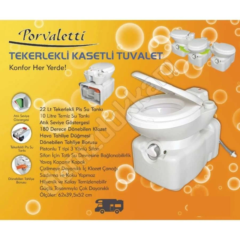 Porvaletti Tekerlekli Kasetli Karavan Tuvaleti 22Lt Pis Su Tankı
