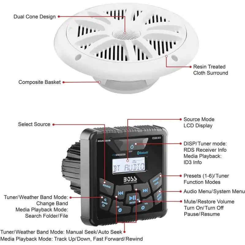 Boss Audio MCKGB450W.6 Systems Usb Aux Girişli Bluetoothlu Hoparlörlü Marin Teyp Seti