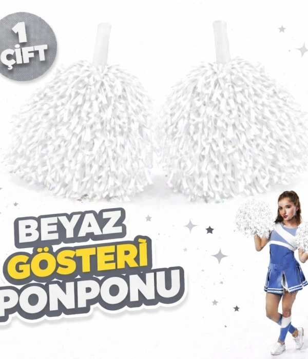 1 Çift ( 2 Adet ) Beyaz Renk 23 Nisan 19 Mayıs 29 Ekim Okul Gösteri Ponponları Ekstra Dolgun