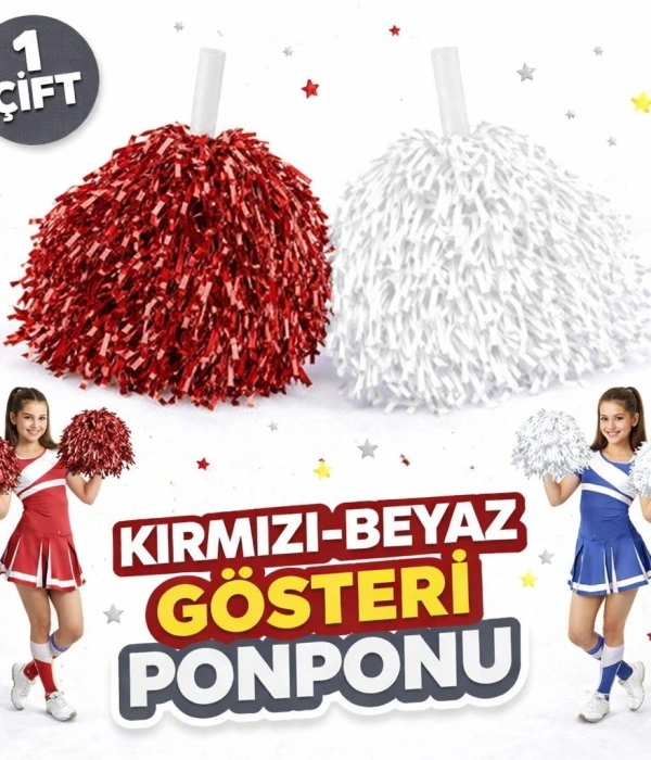 1 Çift ( 2 Adet ) Kırmızı-beyaz Renk 23 Nisan 19 Mayıs 29 Ekim Okul Gösteri Ponponları Ekstra Dolgun