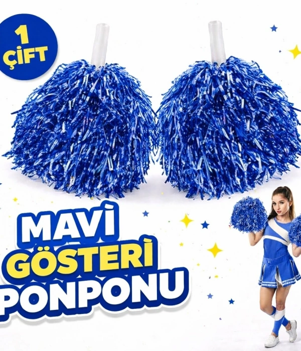1 Çift ( 2 Adet ) Mavi Renk 23 Nisan 19 Mayıs 29 Ekim Okul Gösteri Ponponları