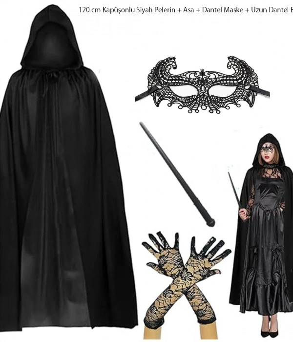 120 Cm Kapüşonlu Siyah Pelerin + Asa + Dantel Maske + Uzun Dantel Siyah Eldiven Kostüm Seti