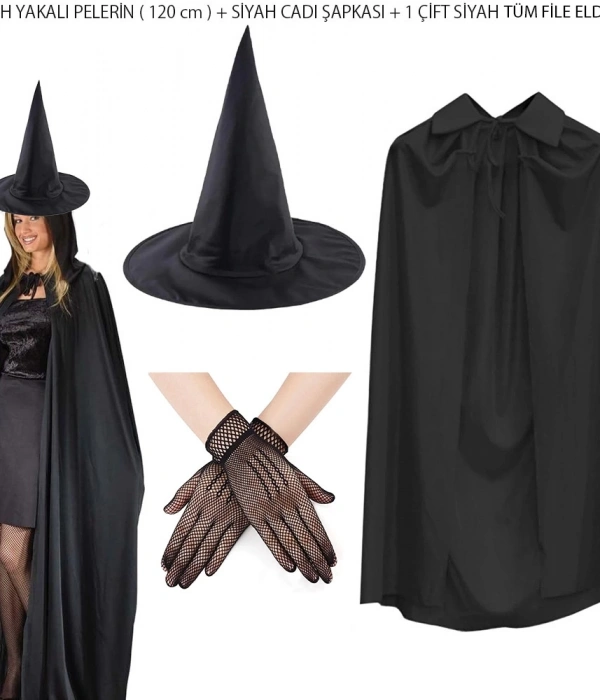 120 Cm Siyah Yakalı Cadı Pelerini Cadı Şapkası Ve 1 Çift Siyah Kısa File Tüm Eldiven Seti 3 Parça