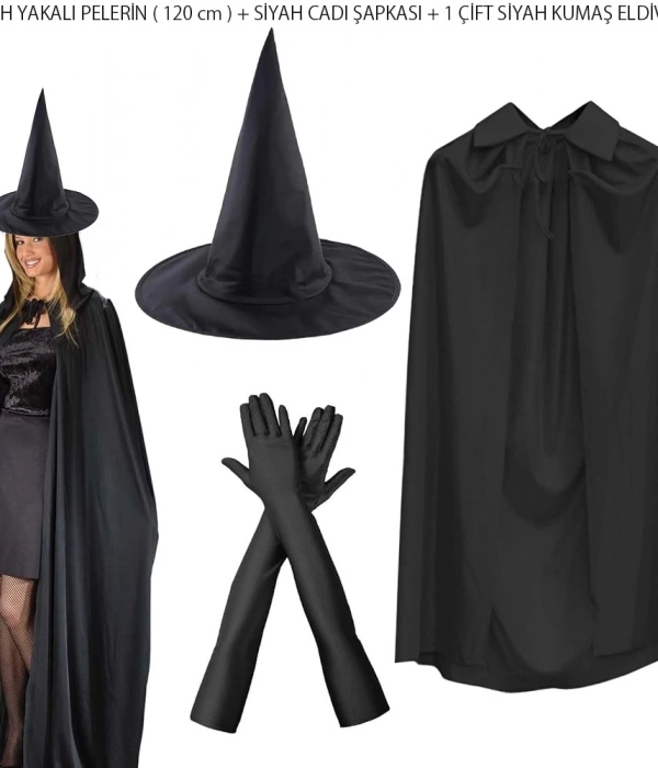 120 Cm Siyah Yakalı Cadı Pelerini Cadı Şapkası Ve 1 Çift Siyah Kumaş Eldiven Seti 3 Parça