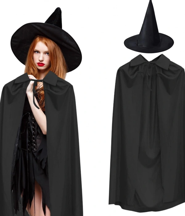 120 Cm Siyah Yakalı Pelerin Ve Siyah Cadı Şapkası Kostüm Seti