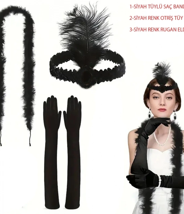 1920’ler Tarzı Siyah Tüylü Saç Bandı, Rugan Siyah Eldiven Ve Siyah Otri̇ş Seti