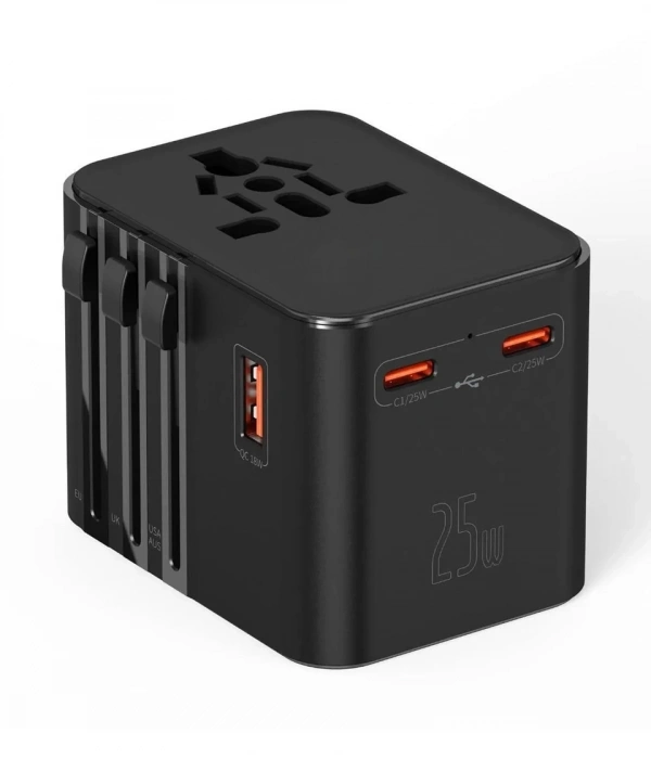 25w Evrensel Seyahat Adaptörü, Eu/us/uk/au Priz Dönüştürücü, 1x Usb, 2x Type-c Hızlı Şarj