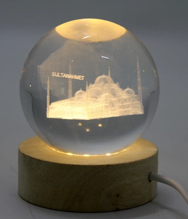 3d Kristal Cam Küre Ahşap Soketli İstanbul Temalı Led Lamba Aalk2574