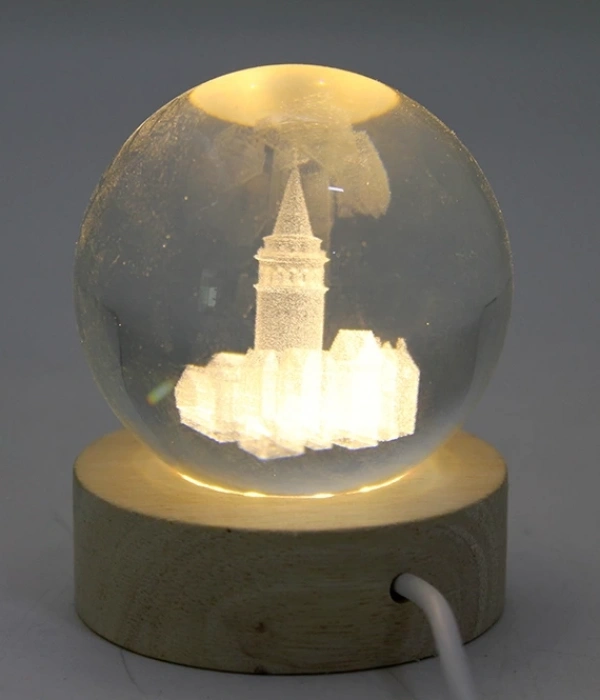 3d Kristal Cam Küre Ahşap Soketli İstanbul Temalı Led Lamba Aalk2575