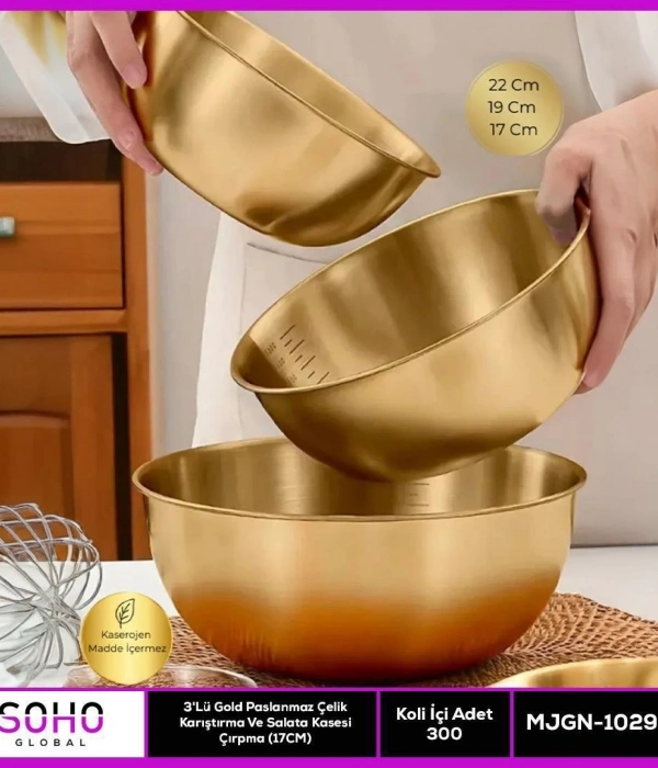 3lü Gold Paslanmaz Çelik Kase Seti