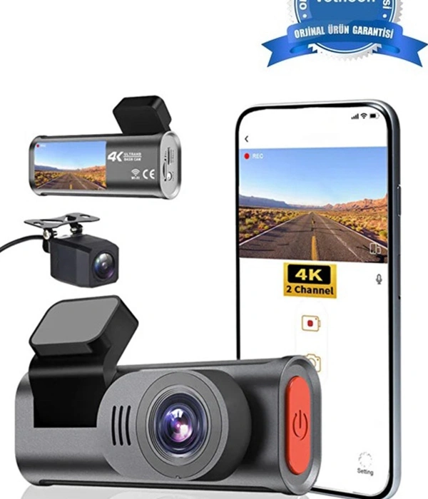 4k Wifi Çift Kameralı Araç Kamerası Gece Görüşlü G-sensörlü Dash Cam 170 Derece