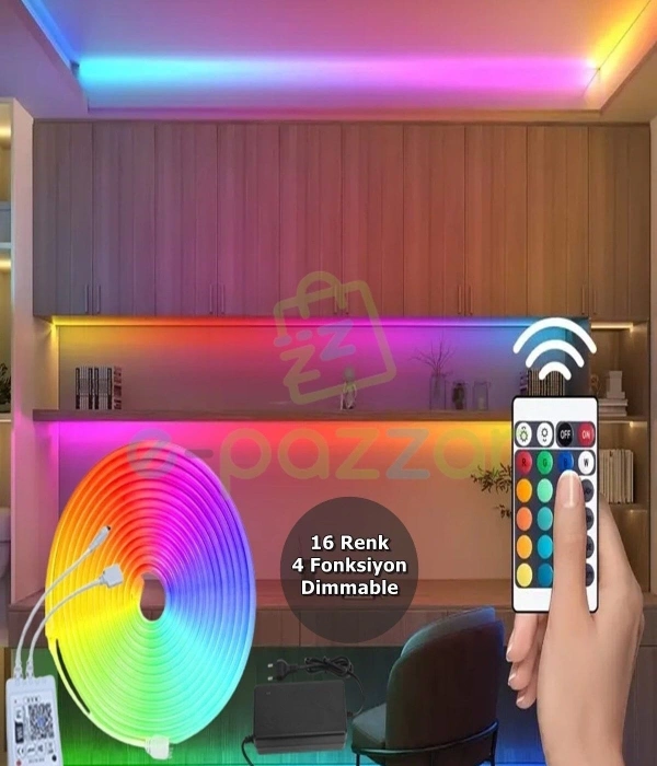 5m 16 Renk 4 Fonksiyonlu Esnek Şerit Neon Led