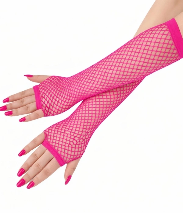 80’ler 90’lar Retro Neon Fuşya Şeker Pembesi File Parmaksız Eldiven 26 Cm