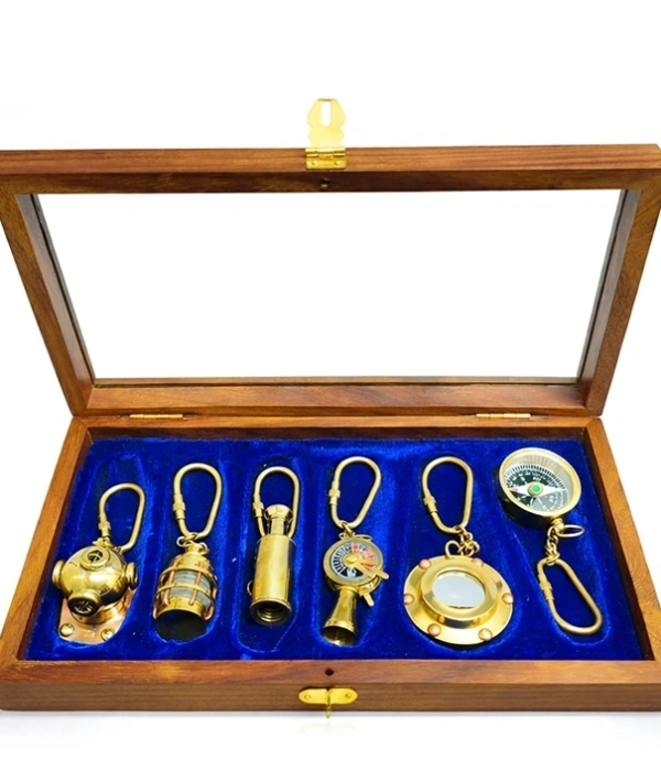 Ahşap Kutulu Denizci Temalı Pirinç Anahtarlık Seti Key-0285