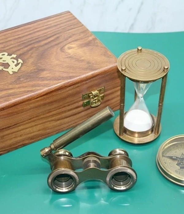 Ahşap Kutulu Pirinç Pusula,kumsaati,dürbün Seti 15682