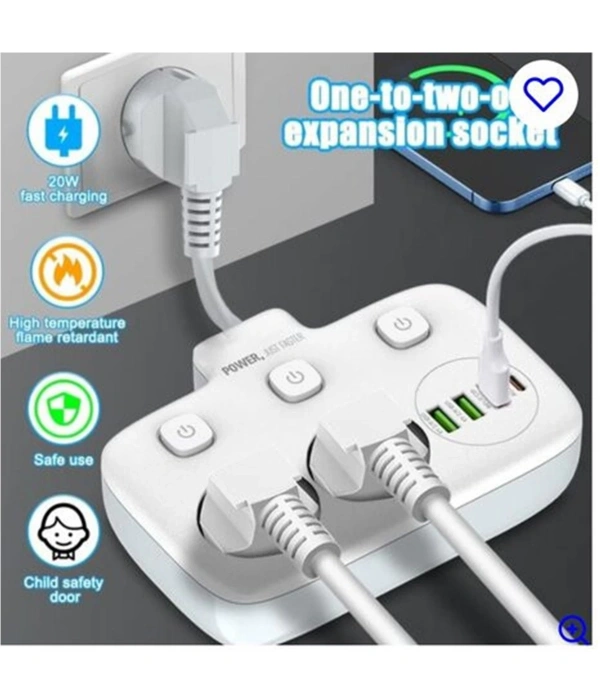 Akım Korumalı 2’li Ayrı Anahtarlı Priz, 2x Priz, 3x Usb, 1x Type-c, 2 Mt Kablo, Hızlı Şarj