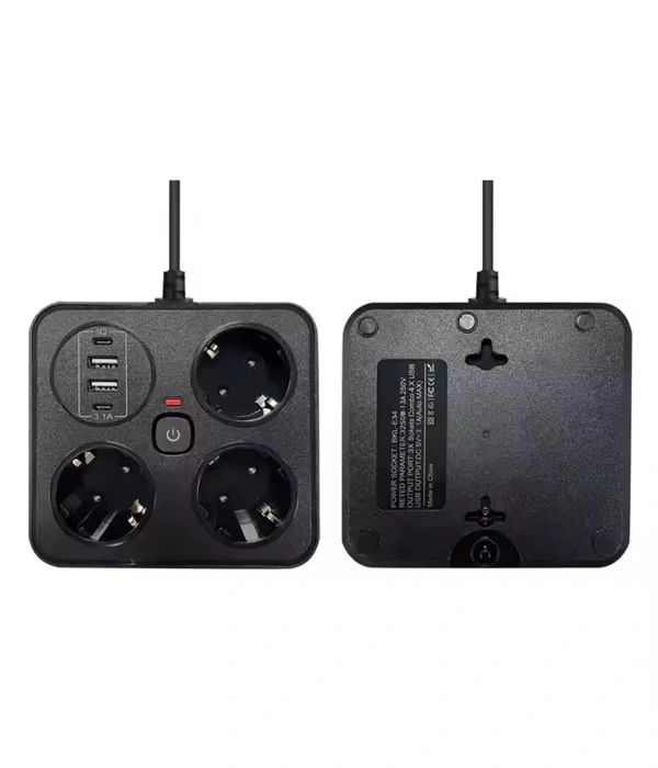 Akım Korumalı Anahtarlı Priz - 3x Priz - 2x Usb - 2x Type-c - 2 Mt Kablo Hızlı Şarj Özellikli Siyah