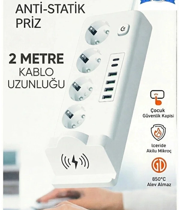 Akım Korumalı Priz Ve Masaüstü Şarj İstasyonu Kablosuz 4 Priz ,4 Usb, 2 Type-c Girişli 2 Metre